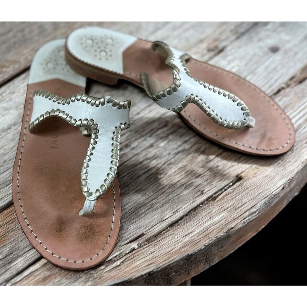 Women's Jack Rogers White Leather Sandals Sz 8 M Slip On Thong T-Strap Shoes